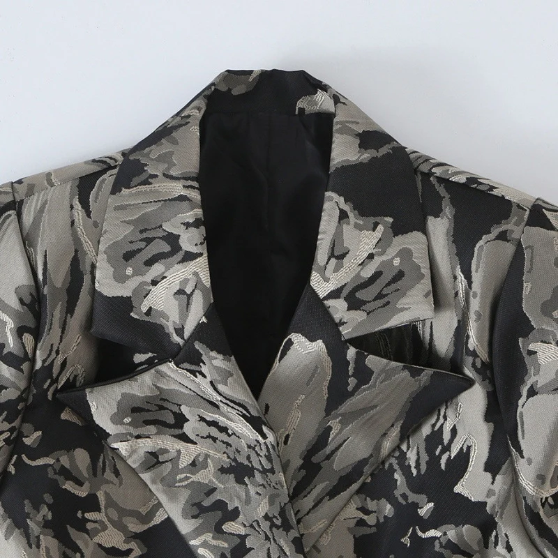 Damen Jacquard‑Blazer mit floralem Jacquardmuster, breitem Revers und Bindegürtel Drune