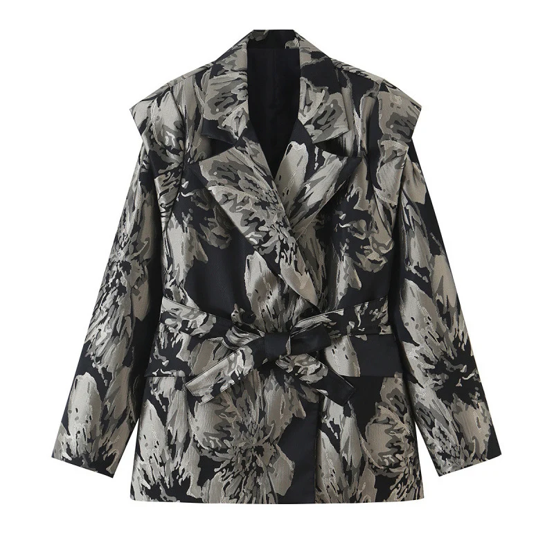 Damen Jacquard‑Blazer mit floralem Jacquardmuster, breitem Revers und Bindegürtel Drune
