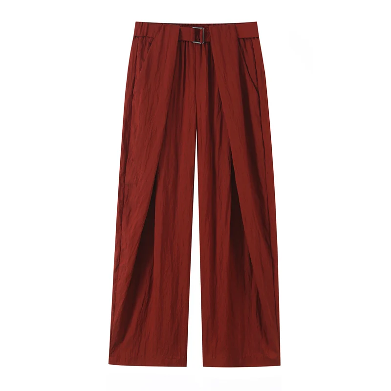 Damen Hochtaillierte Wide‑Leg Stoffhose mit Bundfalten und Bindegürtel Drune