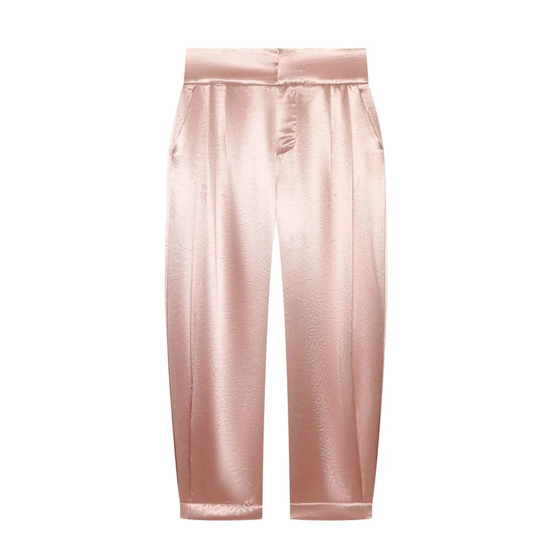 Damen Hochtaillierte weite Satinhose mit Bundfalte und Eingrifftaschen Drune