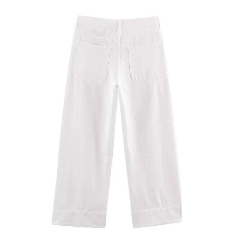 Damen Hochtaillierte weite Leinenhose mit Bügelfalte und aufgesetzten Taschen Drune