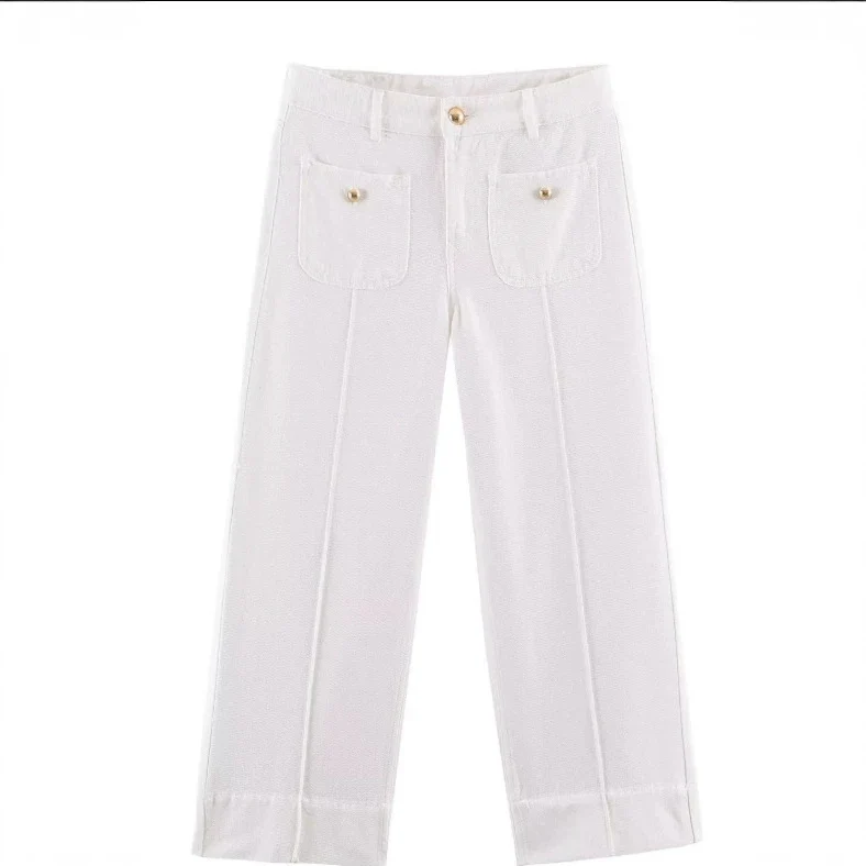 Damen Hochtaillierte weite Leinenhose mit Bügelfalte und aufgesetzten Taschen Drune