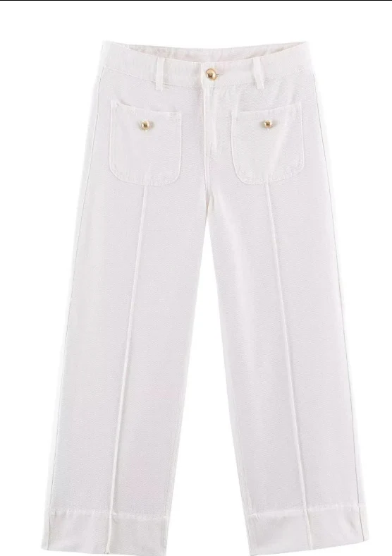 Damen Hochtaillierte weite Leinenhose mit Bügelfalte und aufgesetzten Taschen Drune
