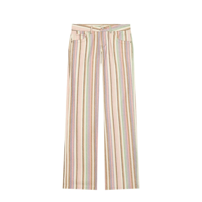 Damen Hochtaillierte Leinenoptik‑Palazzohose mit vertikalem Pastellstreifenmuster Drune
