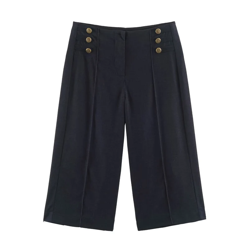 Damen Hochtaillierte Culotte-Hose im Matrosenstil mit Zierknopfleiste Drune