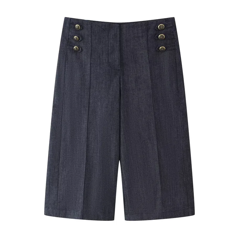 Damen Hochtaillierte Culotte-Hose im Matrosenstil mit Zierknopfleiste Drune