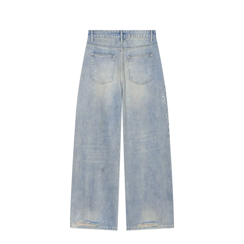 Damen Hochgeschnittene weite Jeans im verwaschenen Look mit Rissen und Nietenapplikation Drune