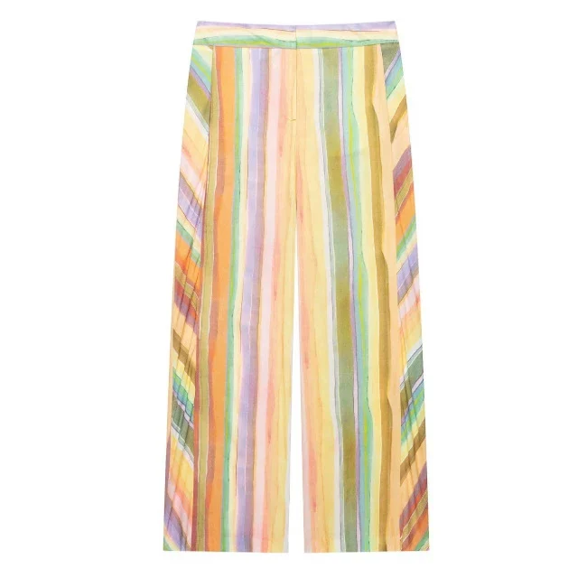Damen Hochgeschnittene Palazzo‑Hose mit mehrfarbigem Aquarell‑Streifenmuster Drune