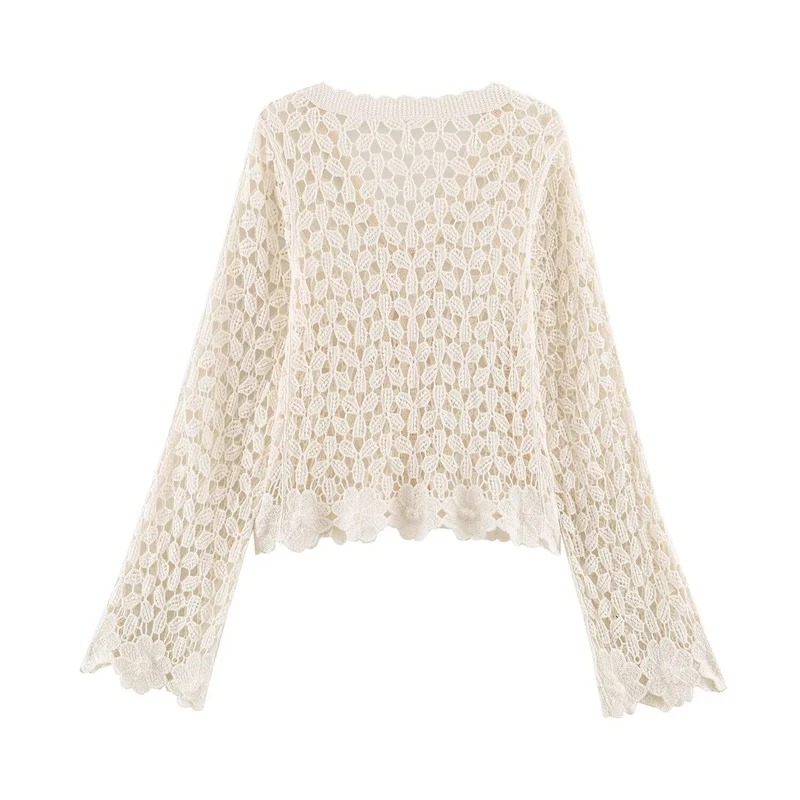Damen Häkelcardigan mit Spitzeneffekt, V‑Ausschnitt und gewelltem Saum Drune