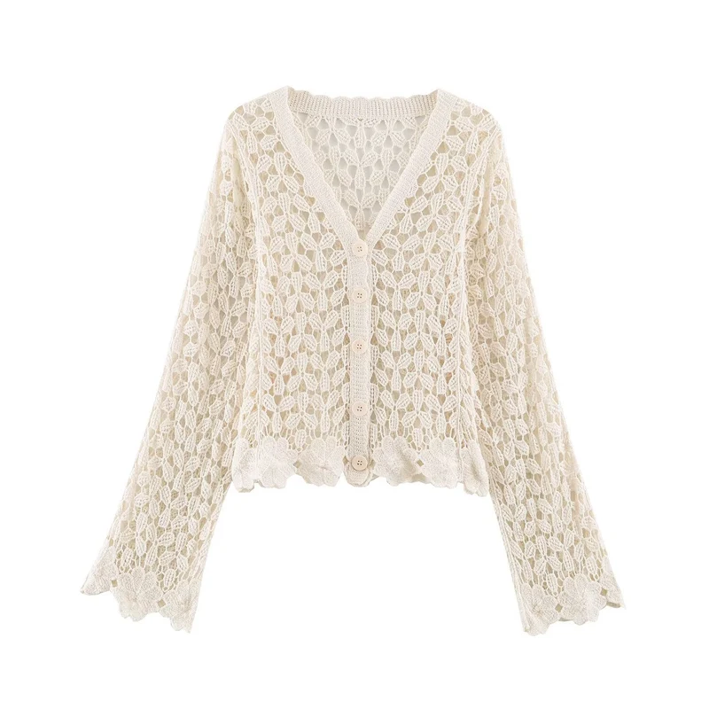 Damen Häkelcardigan mit Spitzeneffekt, V‑Ausschnitt und gewelltem Saum Drune