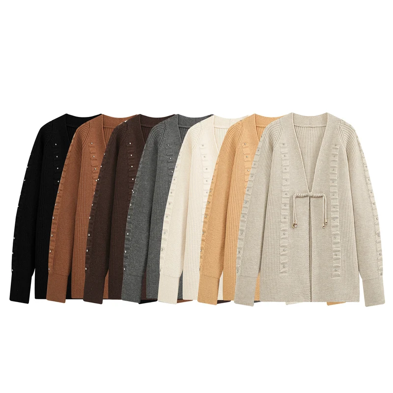 Damen Grobstrick-Cardigan mit Tunnelzug und Strassapplikation Drune