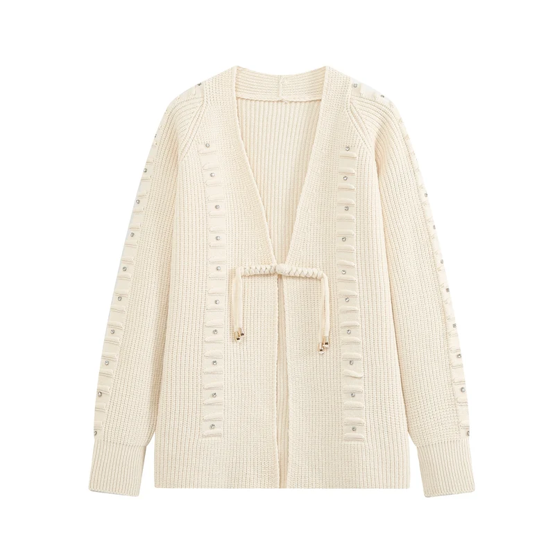 Damen Grobstrick-Cardigan mit Tunnelzug und Strassapplikation Drune