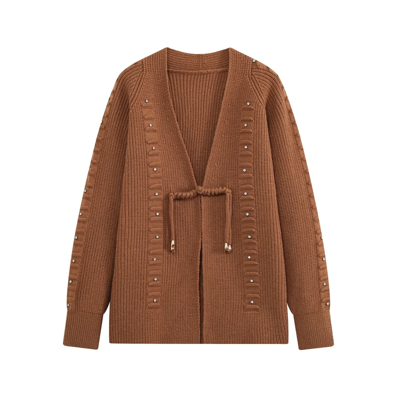 Damen Grobstrick-Cardigan mit Tunnelzug und Strassapplikation Drune