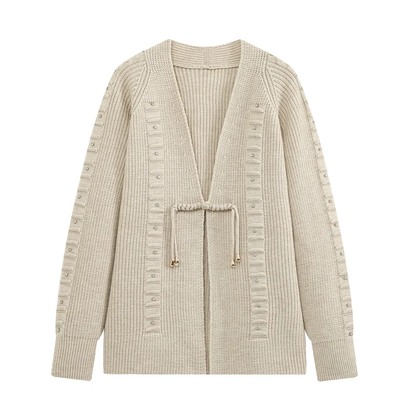 Damen Grobstrick-Cardigan mit Tunnelzug und Strassapplikation Drune