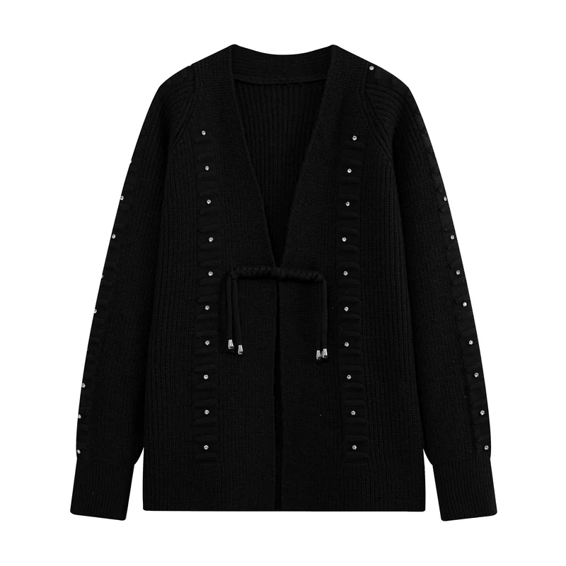 Damen Grobstrick-Cardigan mit Tunnelzug und Strassapplikation Drune