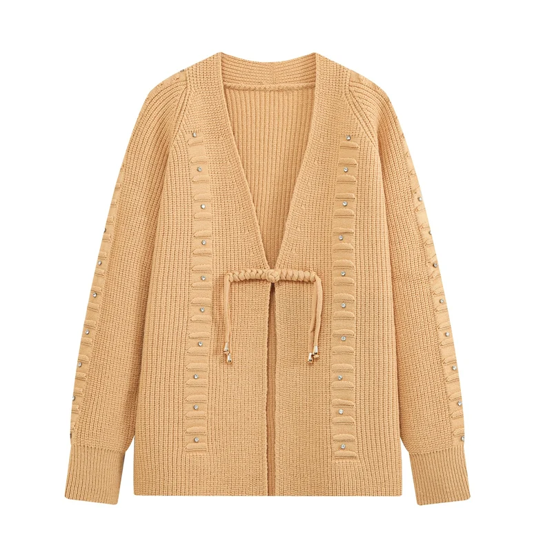 Damen Grobstrick-Cardigan mit Tunnelzug und Strassapplikation Drune