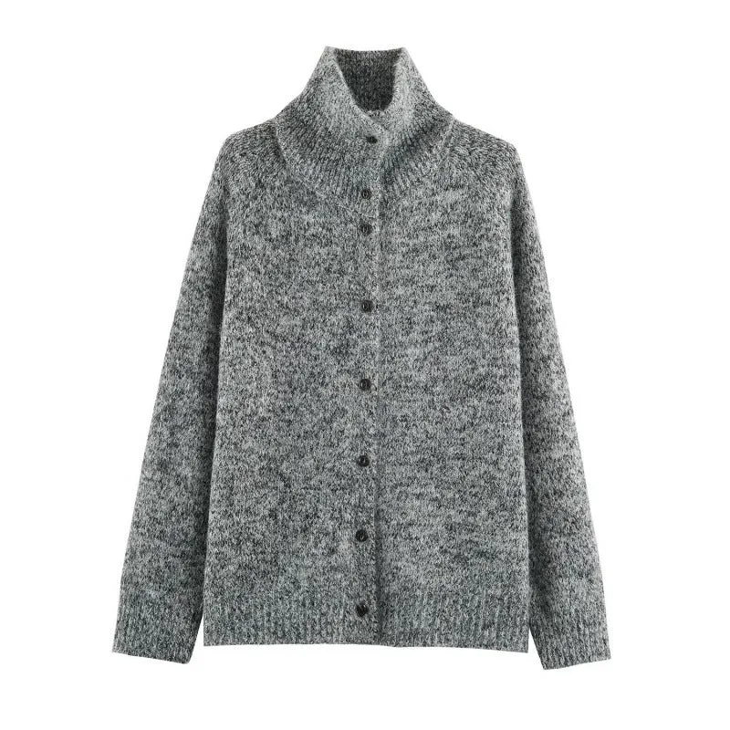 Damen Grobstrick‑Cardigan im Oversize‑Look mit hohem Rippkragen und Knopfleiste Drune