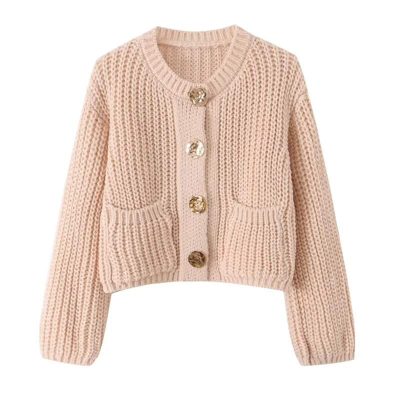 Damen Grobgestrickter Cropped-Cardigan mit dekorativen Schmuckknöpfen und aufgesetzten Taschen Drune