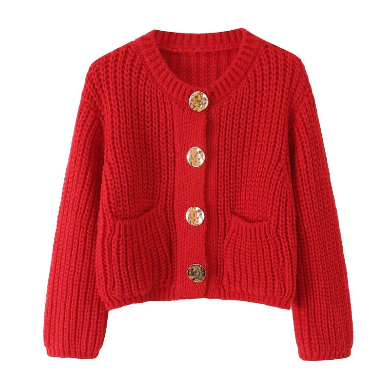 Damen Grobgestrickter Cropped-Cardigan mit dekorativen Schmuckknöpfen und aufgesetzten Taschen Drune