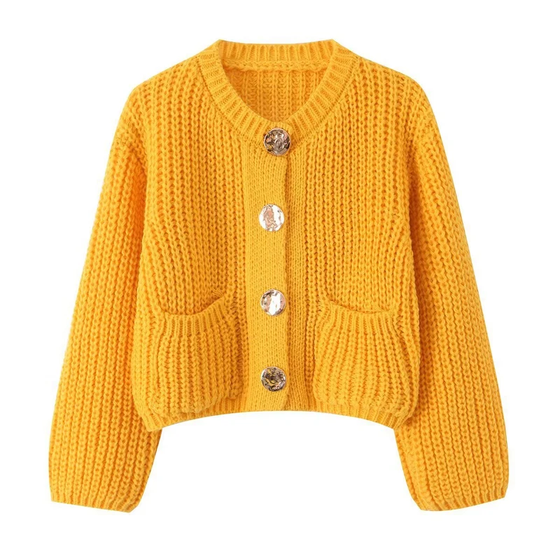 Damen Grobgestrickter Cropped-Cardigan mit dekorativen Schmuckknöpfen und aufgesetzten Taschen Drune