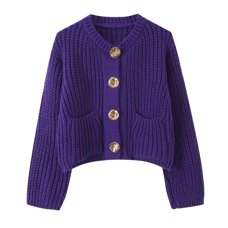 Damen Grobgestrickter Cropped-Cardigan mit dekorativen Schmuckknöpfen und aufgesetzten Taschen Drune