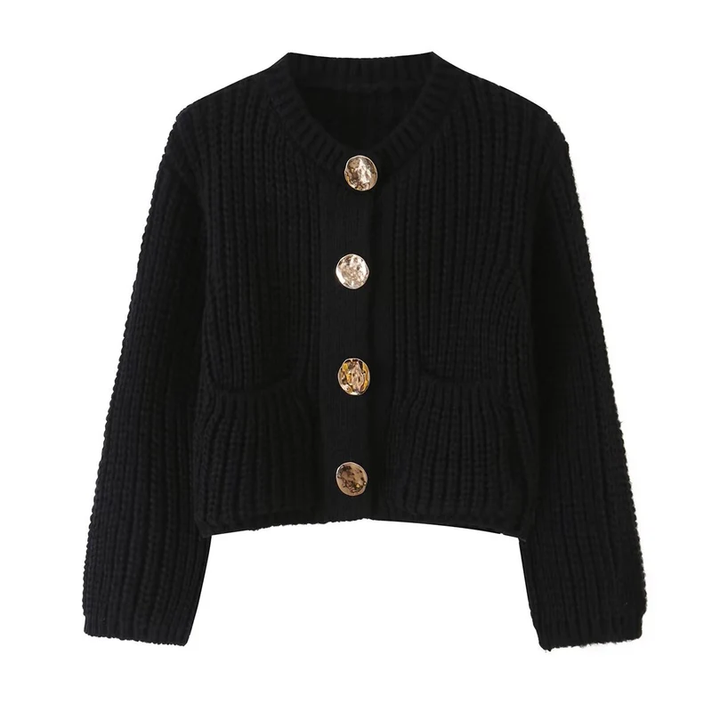 Damen Grobgestrickter Cropped-Cardigan mit dekorativen Schmuckknöpfen und aufgesetzten Taschen Drune