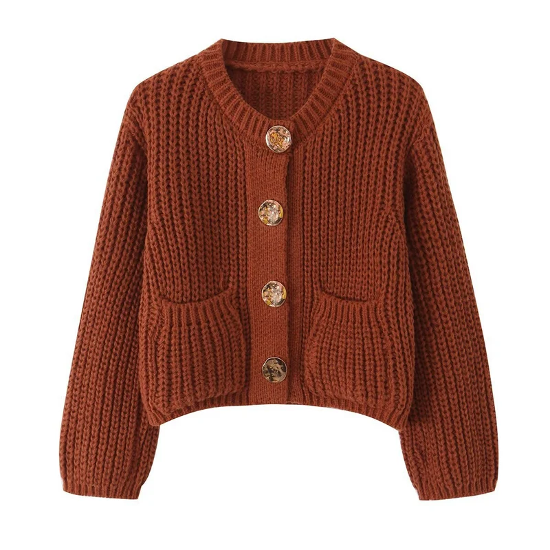 Damen Grobgestrickter Cropped-Cardigan mit dekorativen Schmuckknöpfen und aufgesetzten Taschen Drune