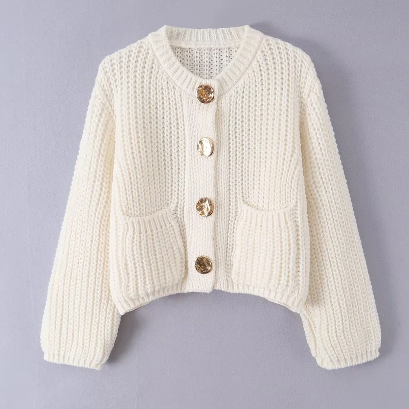Damen Grobgestrickter Cropped-Cardigan mit dekorativen Schmuckknöpfen und aufgesetzten Taschen Drune