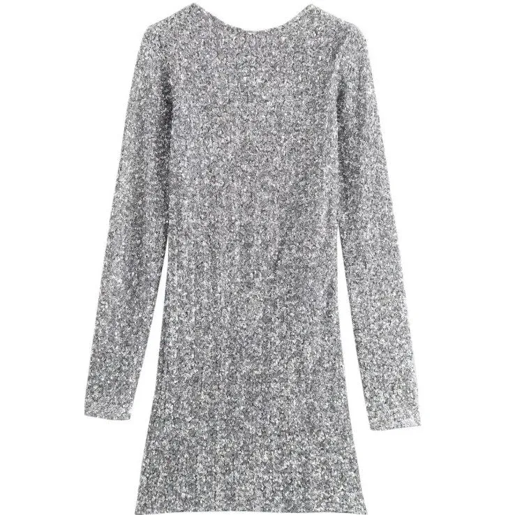 Damen Glitzerndes Pailletten-Minikleid mit langen Ärmeln und schmaler Silhouette Drune