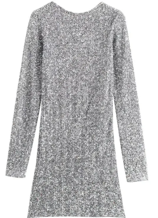 Damen Glitzerndes Pailletten-Minikleid mit langen Ärmeln und schmaler Silhouette Drune