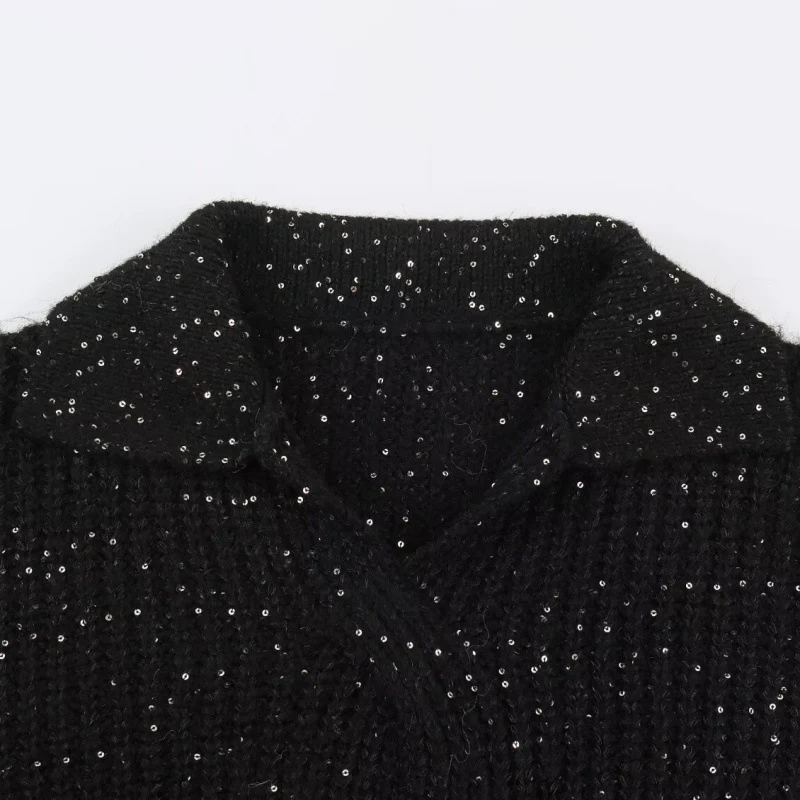 Damen Glitzernder Oversize Strickpullover mit Reverskragen und Paillettenbesatz Drune