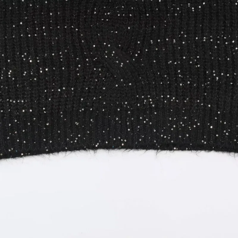 Damen Glitzernder Oversize Strickpullover mit Reverskragen und Paillettenbesatz Drune