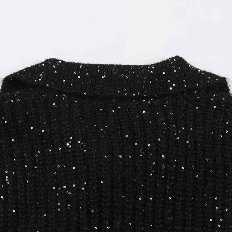 Damen Glitzernder Oversize Strickpullover mit Reverskragen und Paillettenbesatz Drune