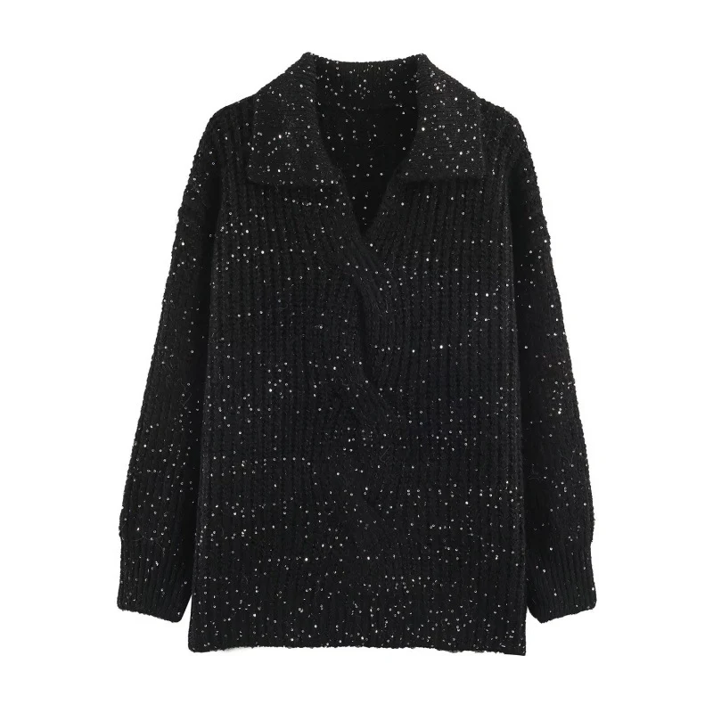 Damen Glitzernder Oversize Strickpullover mit Reverskragen und Paillettenbesatz Drune