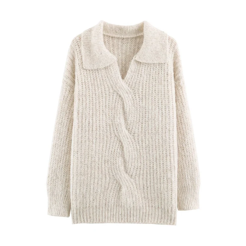 Damen Glitzernder Oversize Strickpullover mit Reverskragen und Paillettenbesatz Drune