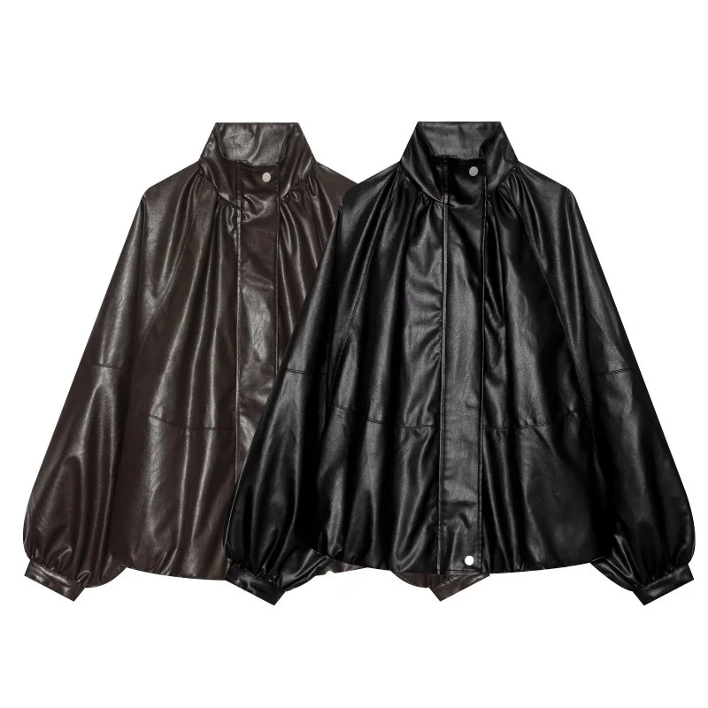 Damen Glänzender Cropped Blouson aus Kunstleder mit hohem Stehkragen und voluminösen Ballonärmeln Drune