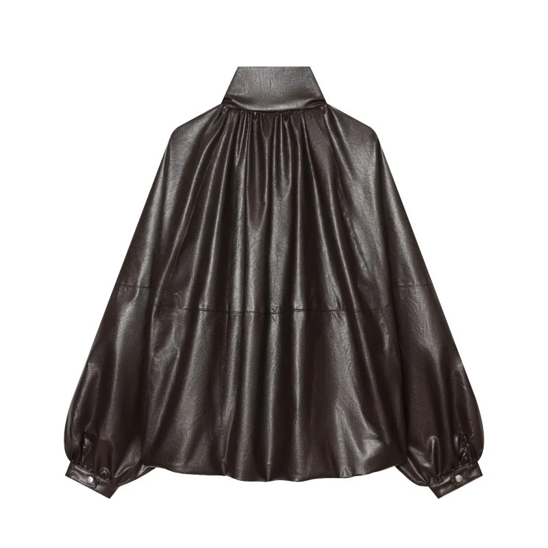 Damen Glänzender Cropped Blouson aus Kunstleder mit hohem Stehkragen und voluminösen Ballonärmeln Drune