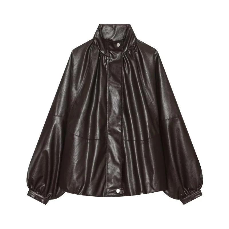 Damen Glänzender Cropped Blouson aus Kunstleder mit hohem Stehkragen und voluminösen Ballonärmeln Drune