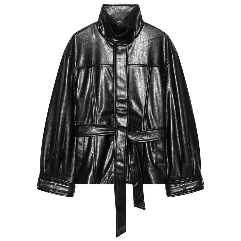 Damen Glänzende Kunstleder‑Blousonjacke mit hohem Funnelkragen und Taillengürtel Drune