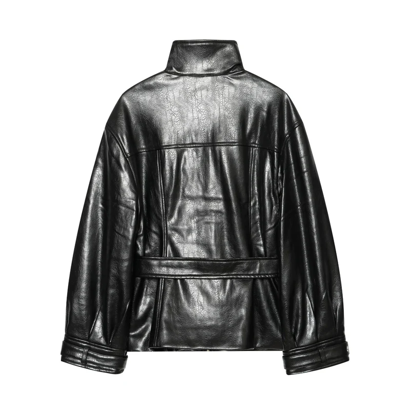 Damen Glänzende Kunstleder‑Blousonjacke mit hohem Funnelkragen und Taillengürtel Drune