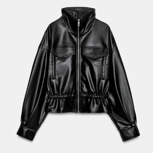 Damen Glänzende Cropped‑Kunstlederjacke im Blousonstil mit Stehkragen und Tunnelzugbund Drune