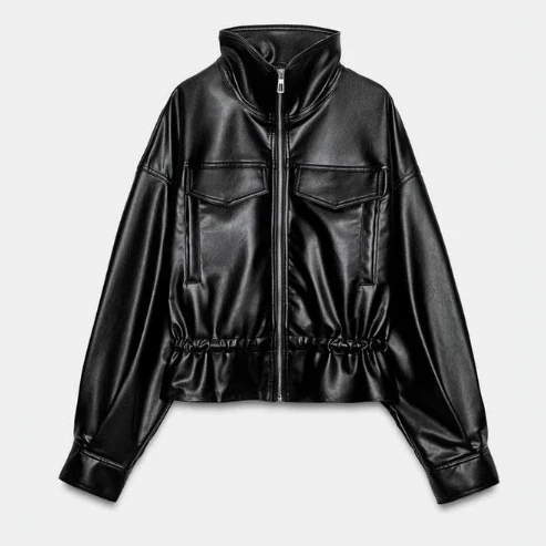 Damen Glänzende Cropped‑Kunstlederjacke im Blousonstil mit Stehkragen und Tunnelzugbund Drune