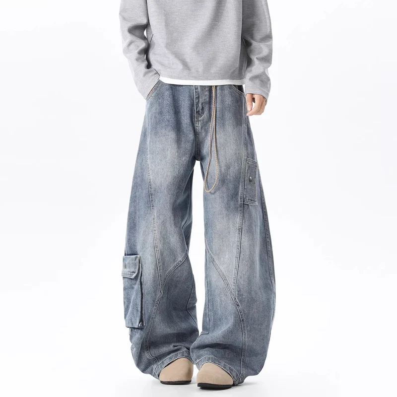 Damen Baggy-Cargo-Jeans aus gewaschenem Denim mit hoher Taille und Panelnähten Drune