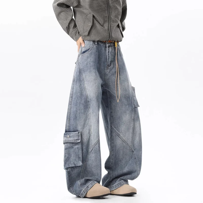 Damen Baggy-Cargo-Jeans aus gewaschenem Denim mit hoher Taille und Panelnähten Drune