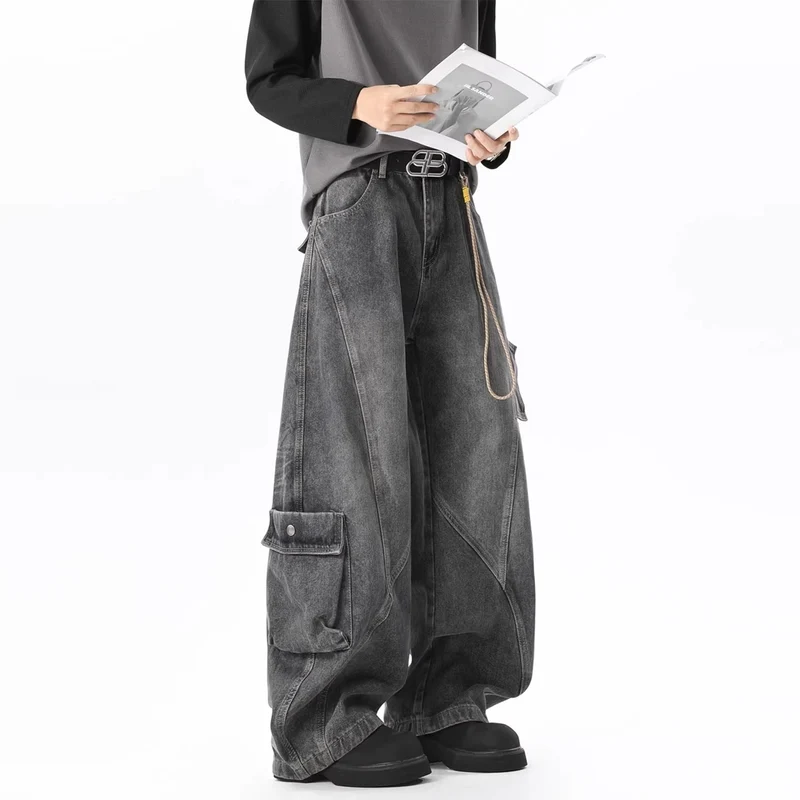 Damen Baggy-Cargo-Jeans aus gewaschenem Denim mit hoher Taille und Panelnähten Drune