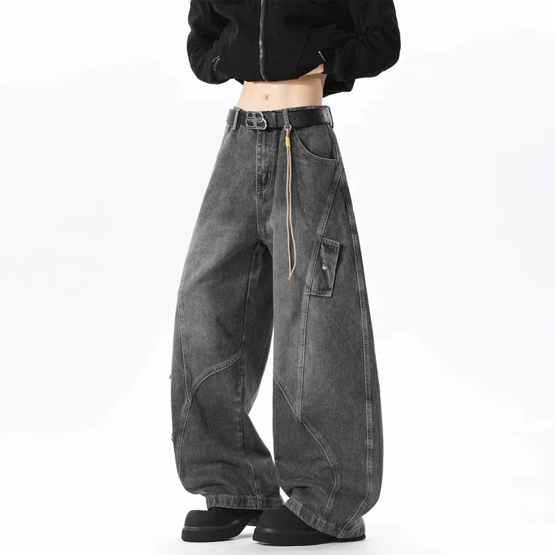 Damen Baggy-Cargo-Jeans aus gewaschenem Denim mit hoher Taille und Panelnähten Drune