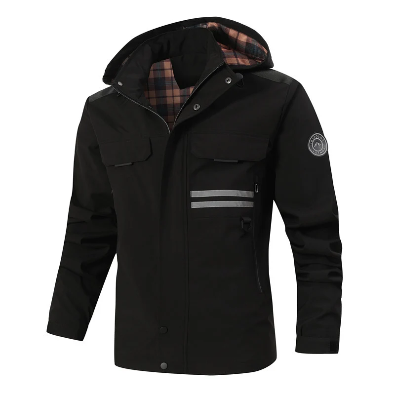 Herren Wasserdichte Fieldjacke mit Kapuze, reflektierenden Streifen und kariertem Innenfutter Drune