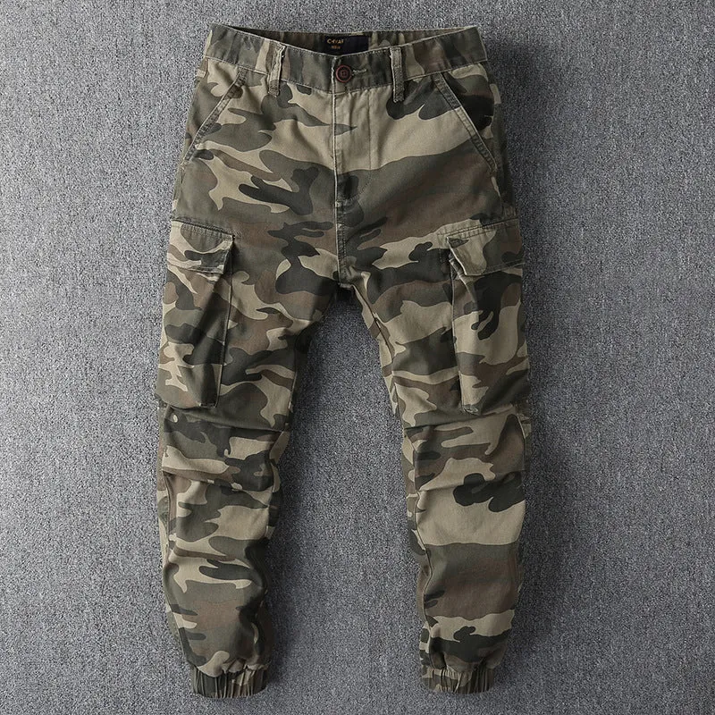 Herren Cargohose im Camouflage-Muster mit elastischen Bündchen und Multifunktionstaschen Drune