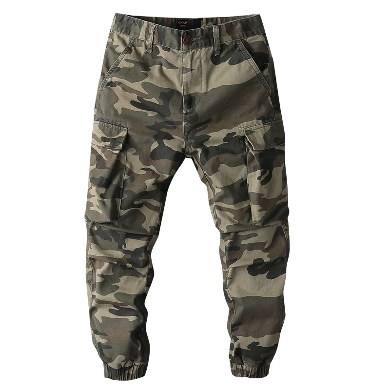 Herren Cargohose im Camouflage-Muster mit elastischen Bündchen und Multifunktionstaschen Drune