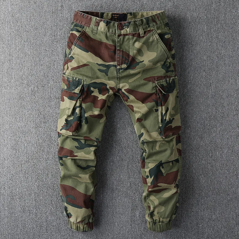 Herren Cargohose im Camouflage-Muster mit elastischen Bündchen und Multifunktionstaschen Drune